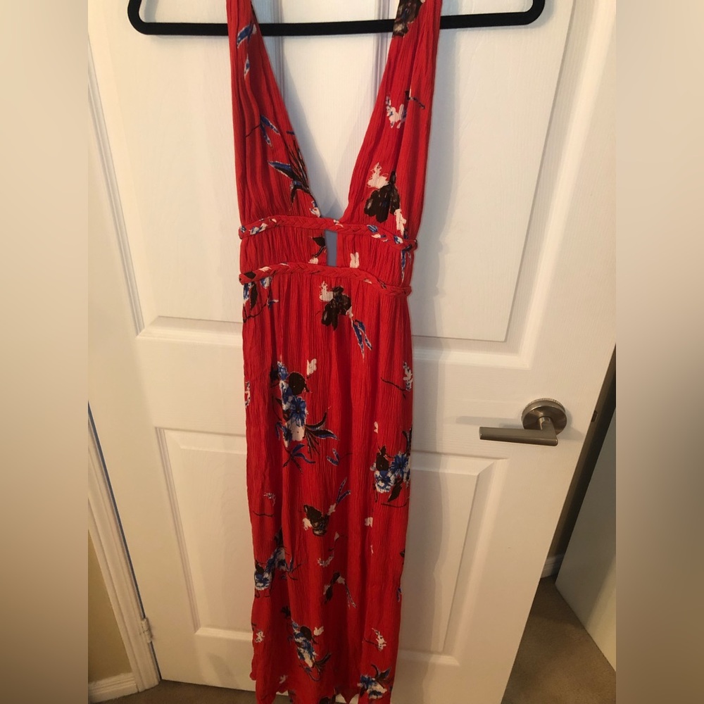 Red/orange Halter style dress, with flowers size medium